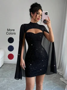 Sequin Stand-Collar Cape Mini Dress
